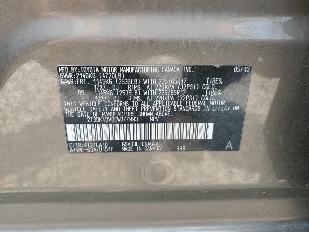 2012 Toyota Rav4 Limited VIN: 2T3DK4DV0CW077993 Lot: 64529954