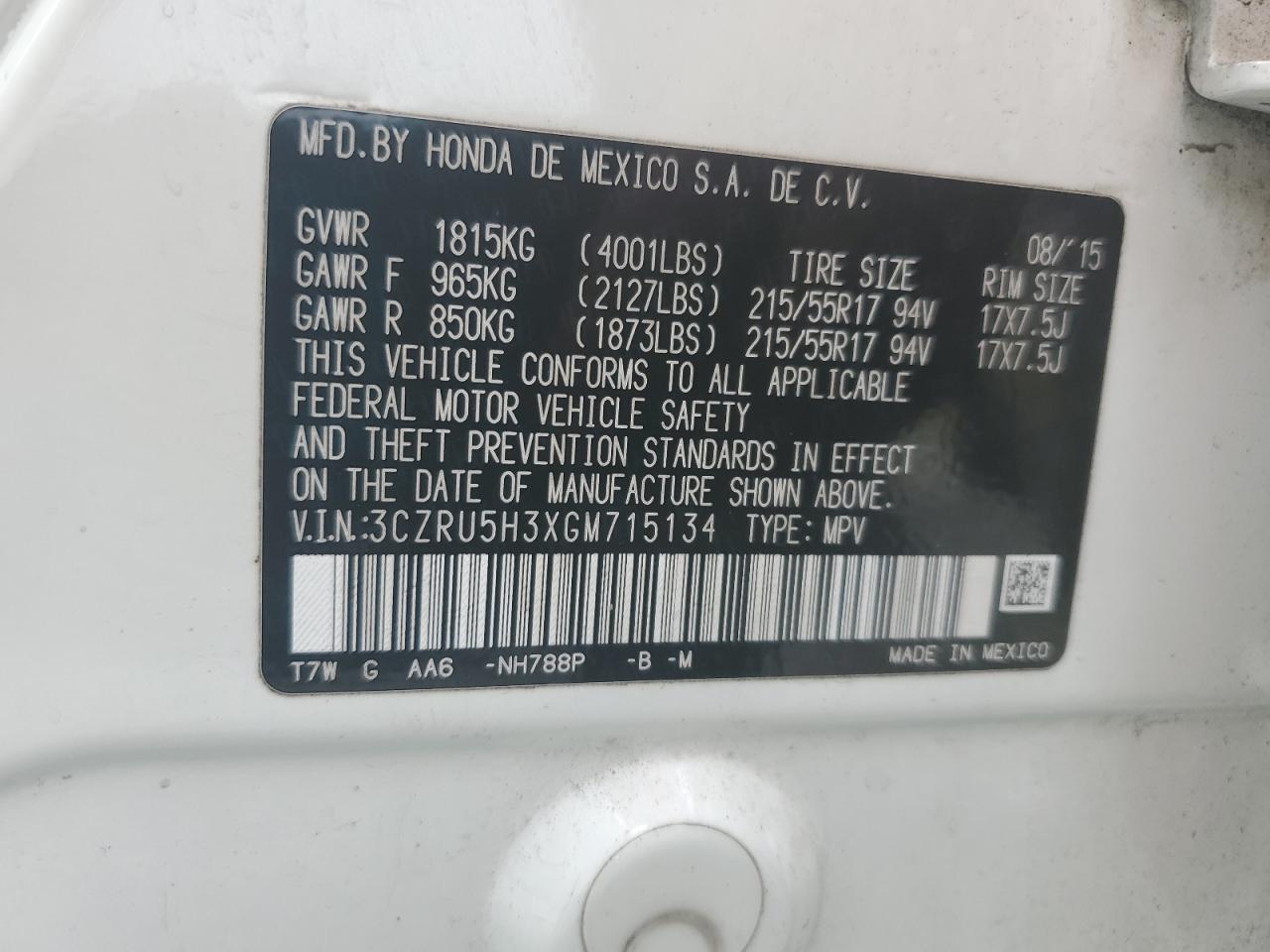 2016 Honda Hr-V Lx VIN: 3CZRU5H3XGM715134 Lot: 65359874