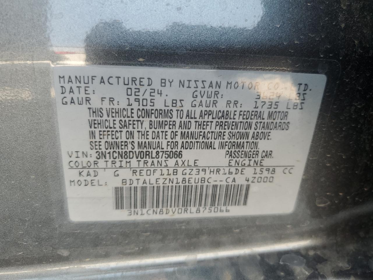 3N1CN8DV0RL875066 2024 Nissan Versa S