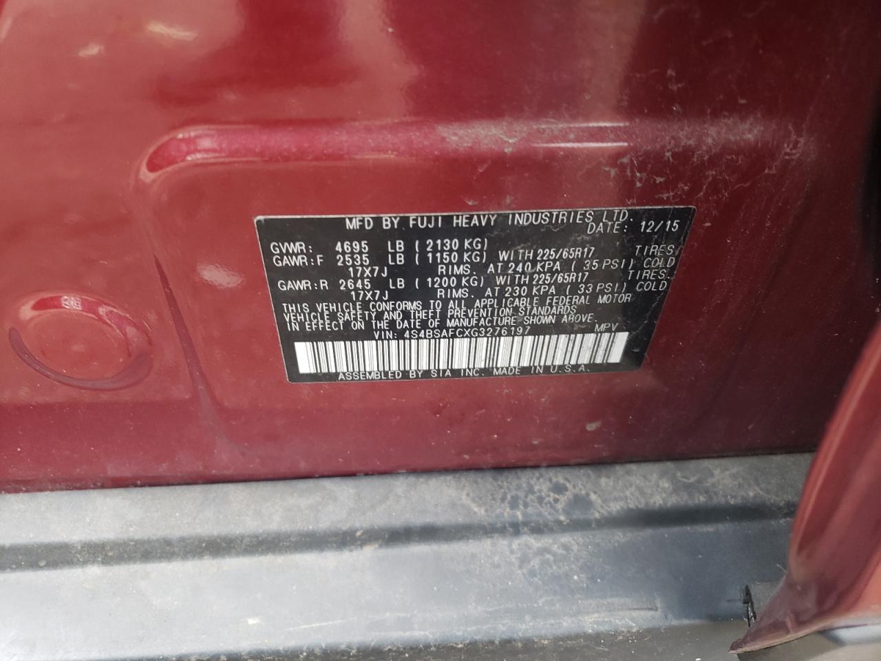 2016 Subaru Outback 2.5I Premium VIN: 4S4BSAFCXG3276197 Lot: 63043954