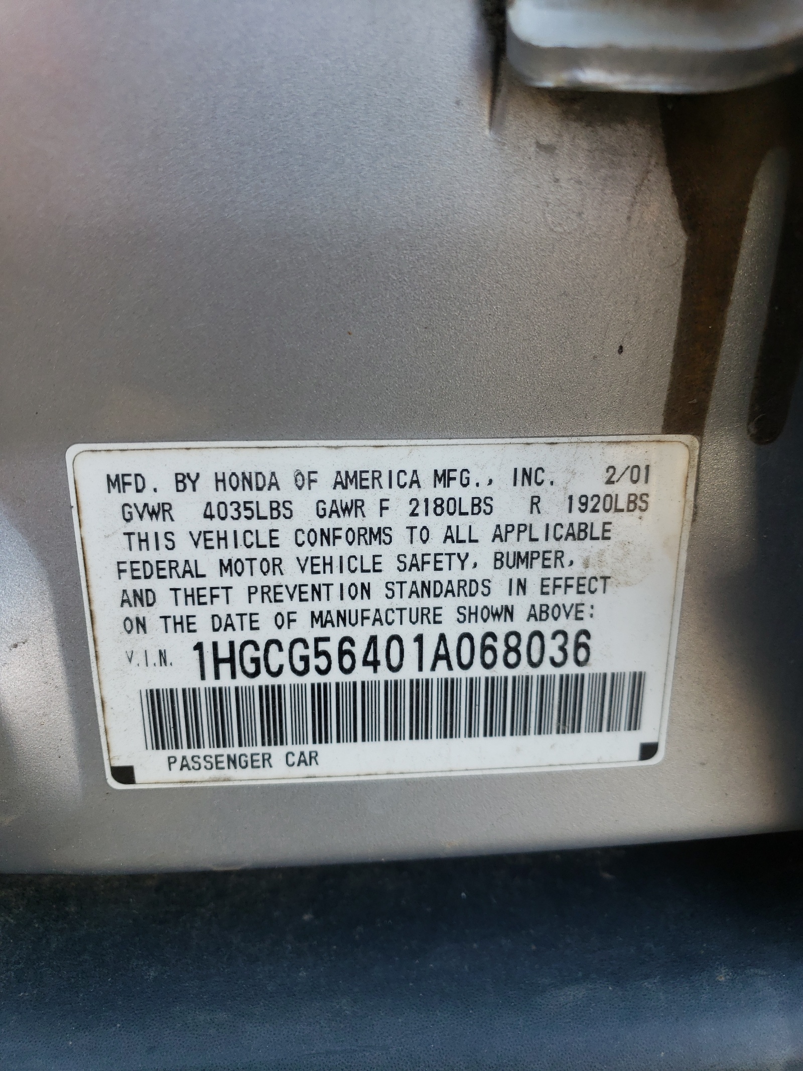 1HGCG56401A068036 2001 Honda Accord Lx
