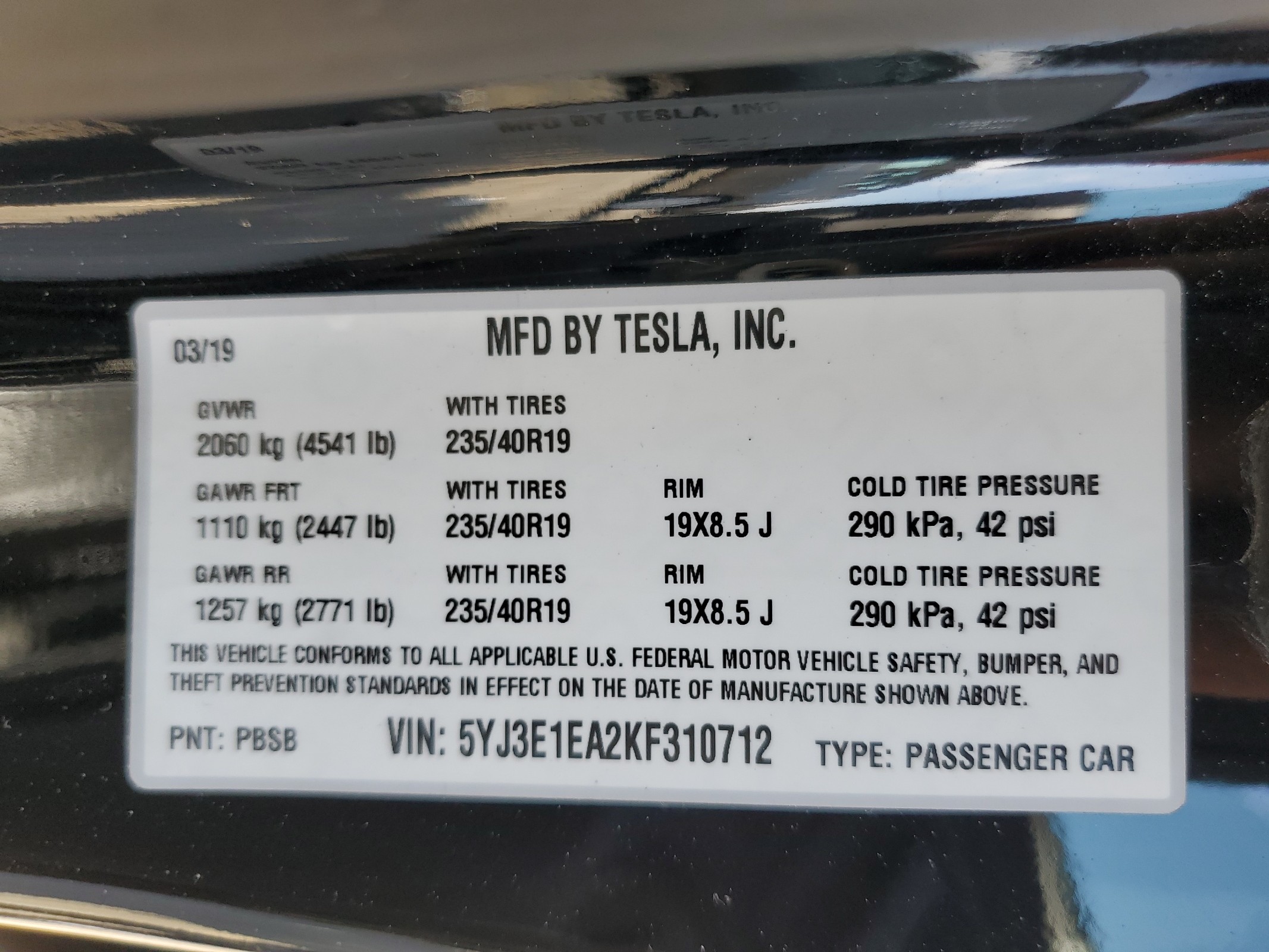 5YJ3E1EA2KF310712 2019 Tesla Model 3