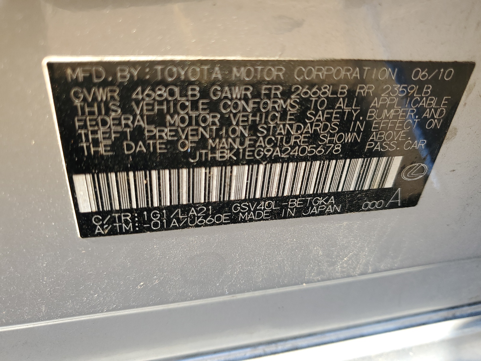 JTHBK1EG9A2405678 2010 Lexus Es 350