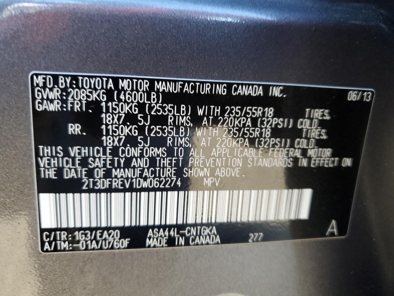 2013 Toyota Rav4 Limited VIN: 2T3DFREV1DW062274 Lot: 64715934