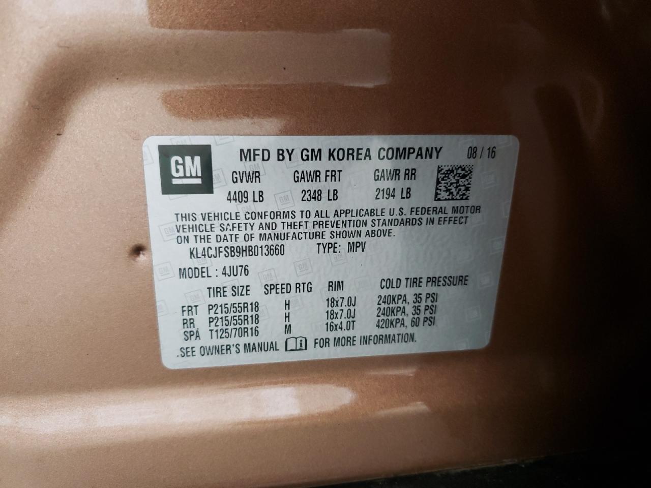 2017 Buick Encore Preferred Ii VIN: KL4CJFSB9HB013660 Lot: 63227174