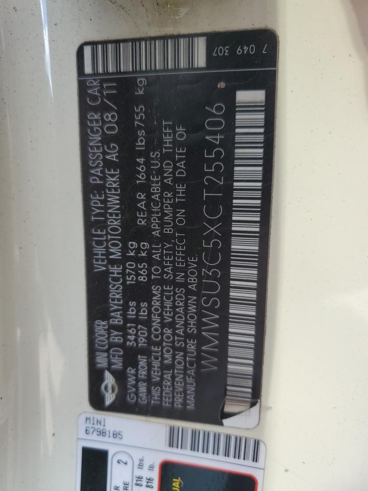 2012 Mini Cooper VIN: WMWSU3C5XCT255406 Lot: 63816384