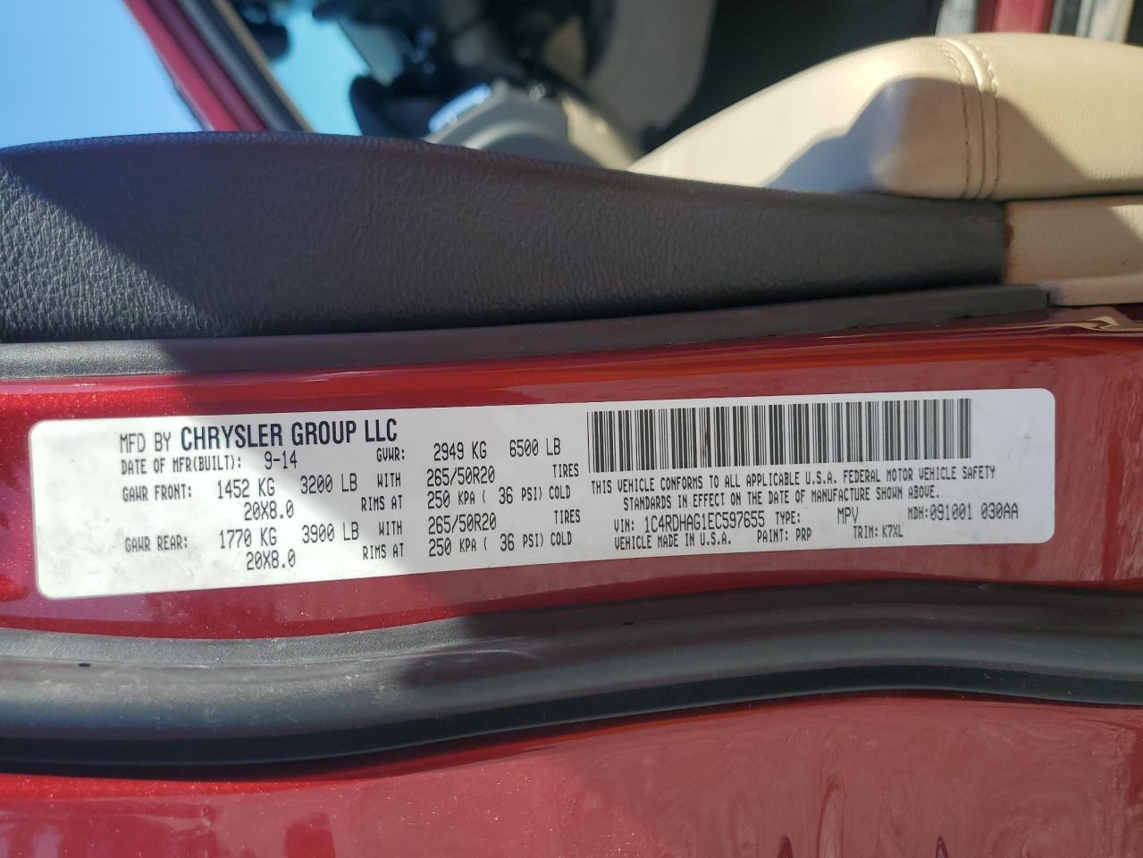 2014 Dodge Durango Sxt VIN: 1C4RDHAG1EC597655 Lot: 62355434