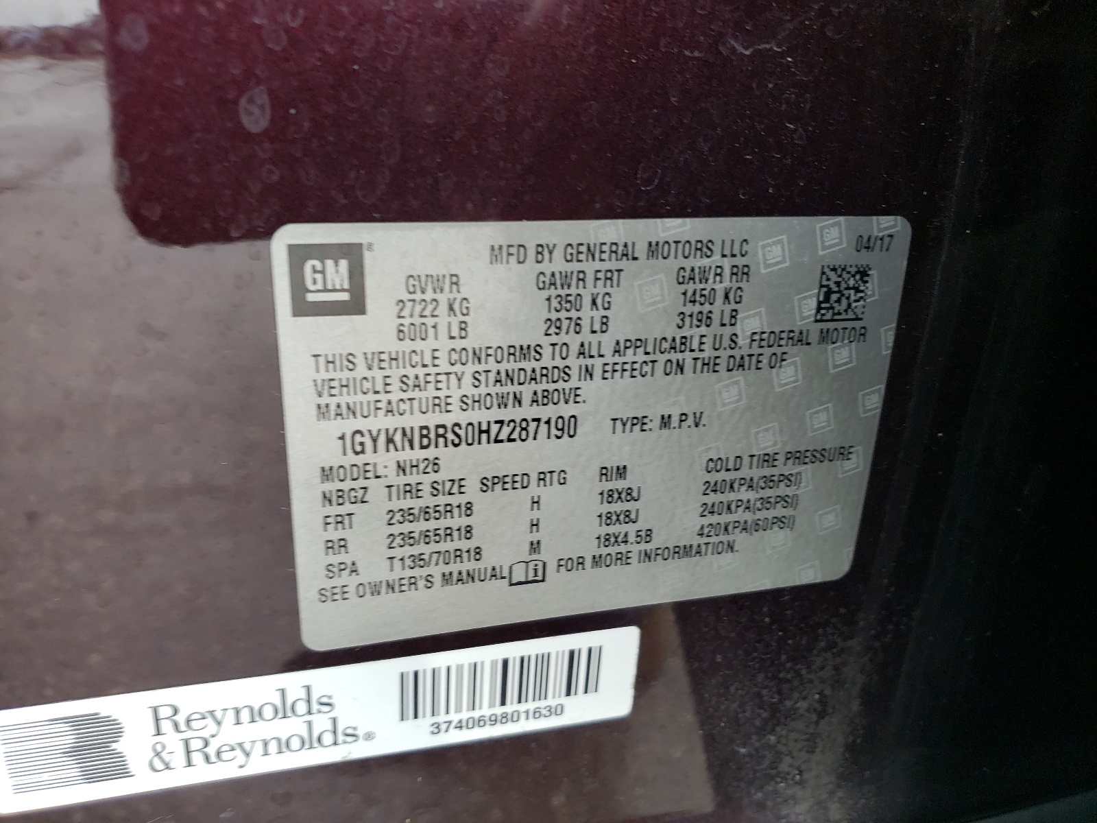 1GYKNBRS0HZ287190 2017 Cadillac Xt5 Luxury