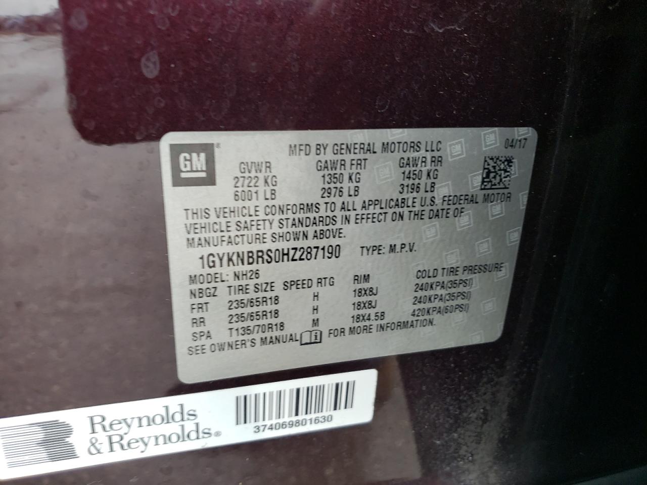 2017 Cadillac Xt5 Luxury VIN: 1GYKNBRS0HZ287190 Lot: 60044864