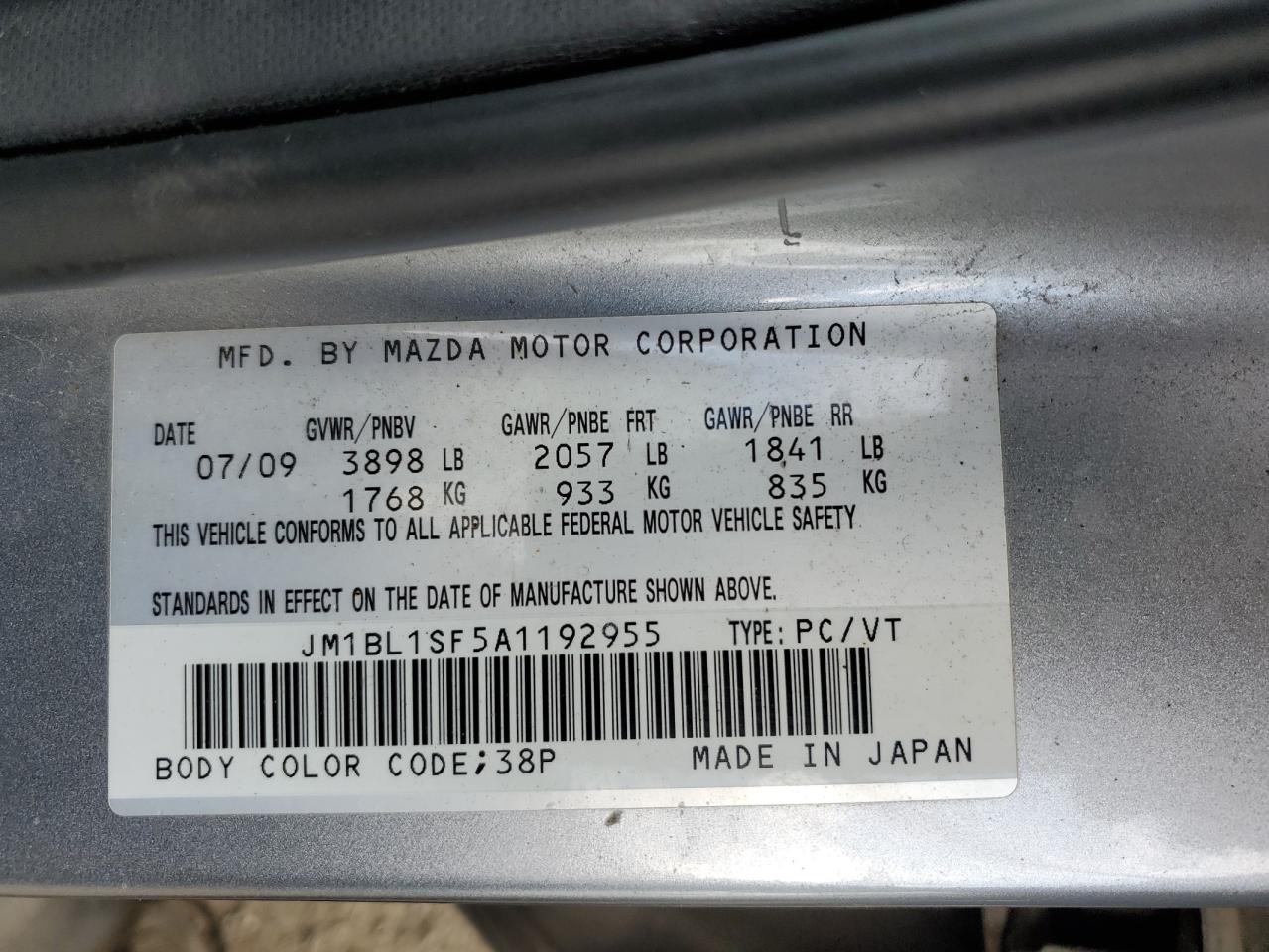 2010 Mazda 3 I VIN: JM1BL1SF5A1192955 Lot: 63594384