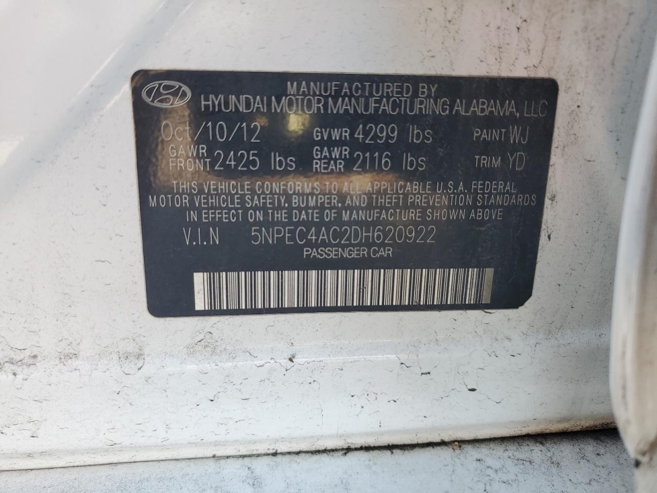 2013 Hyundai Sonata Se VIN: 5NPEC4AC2DH620922 Lot: 62273204