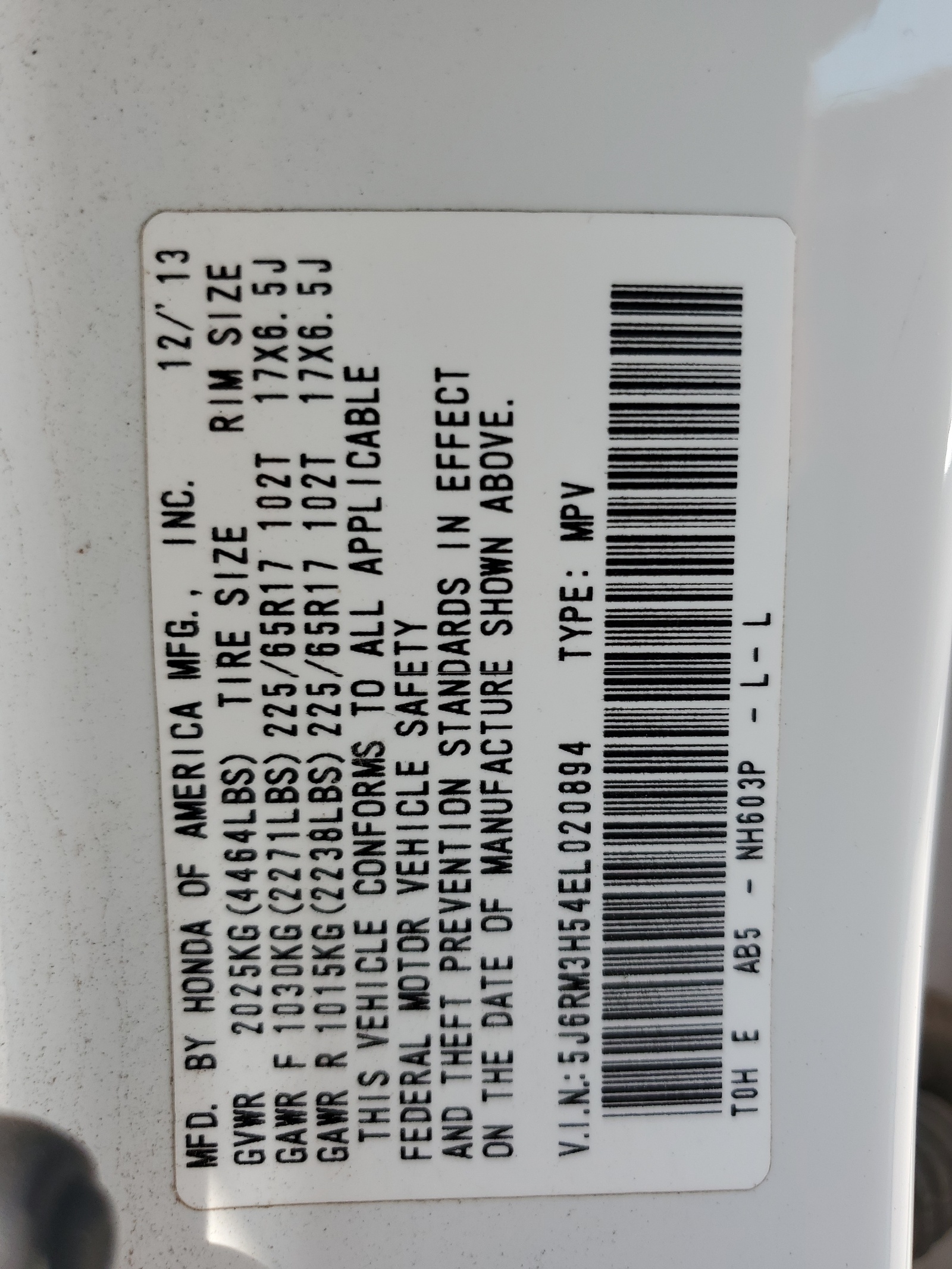 5J6RM3H54EL020894 2014 Honda Cr-V Ex