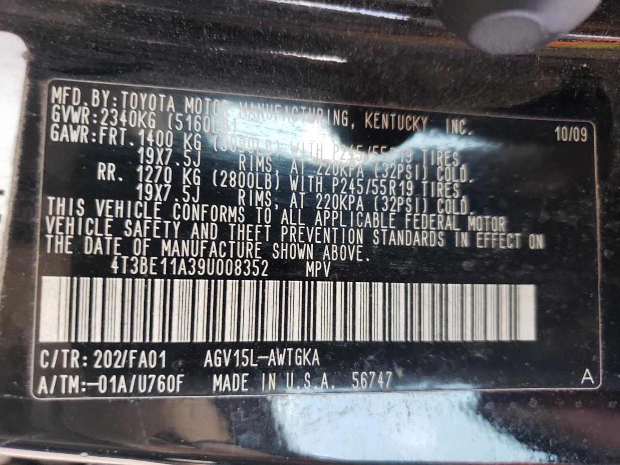 2009 Toyota Venza VIN: 4T3BE11A39U008352 Lot: 64064644