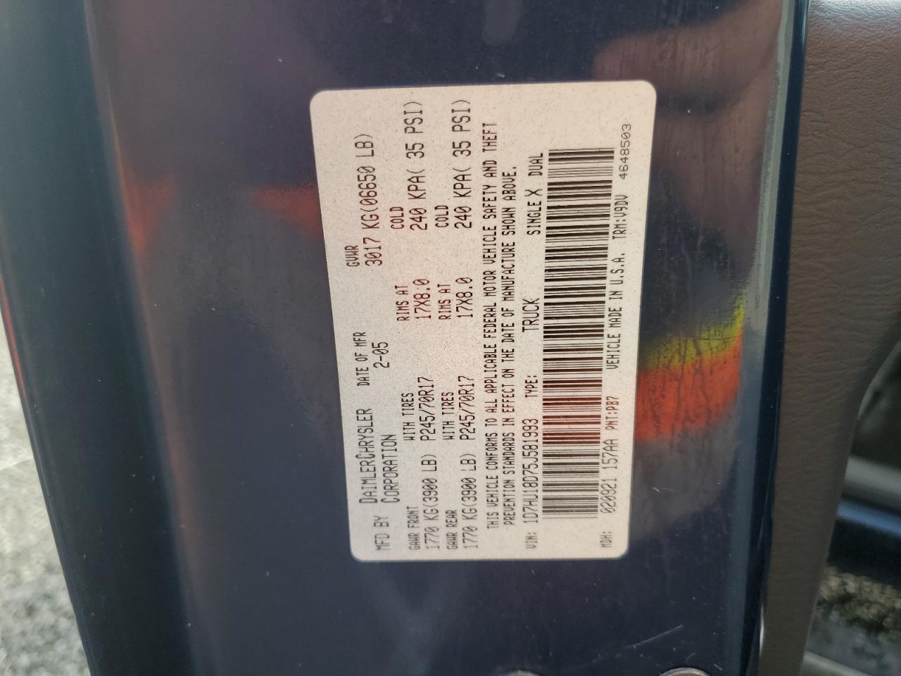 2005 Dodge Ram 1500 St VIN: 1D7HU18D75J581993 Lot: 63839234