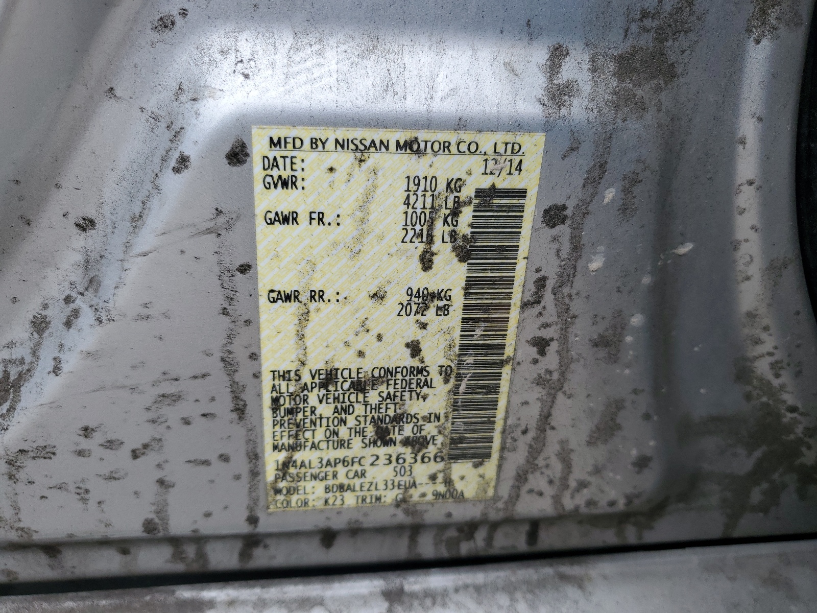 2015 Nissan Altima 2.5 vin: 1N4AL3AP6FC236366