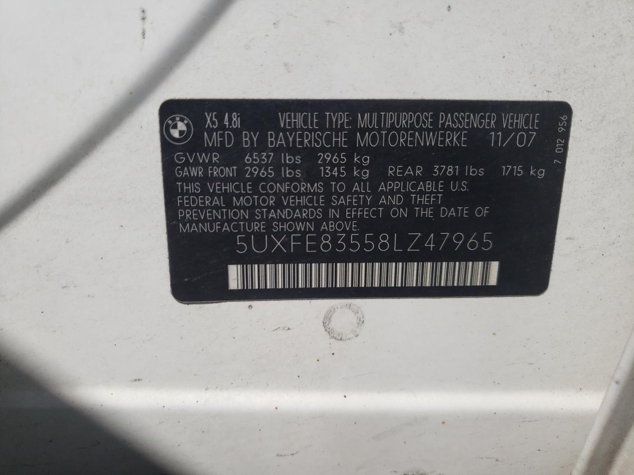 2008 BMW X5 4.8I VIN: 5UXFE83558LZ47965 Lot: 61493824