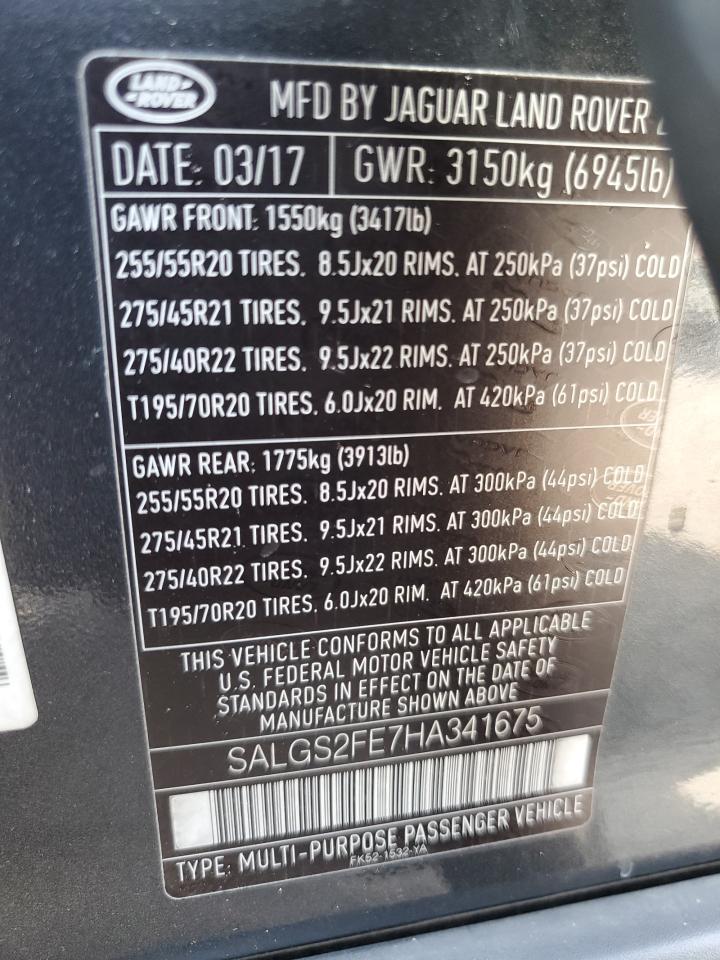 2017 Land Rover Range Rover Supercharged VIN: SALGS2FE7HA341675 Lot: 61798334