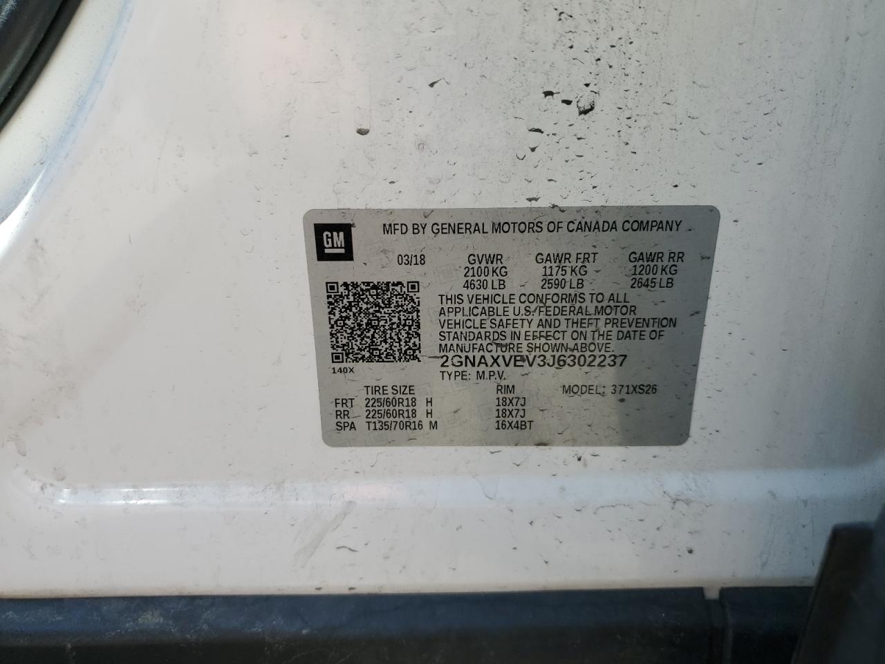 2018 Chevrolet Equinox Premier VIN: 2GNAXVEV3J6302237 Lot: 64091244