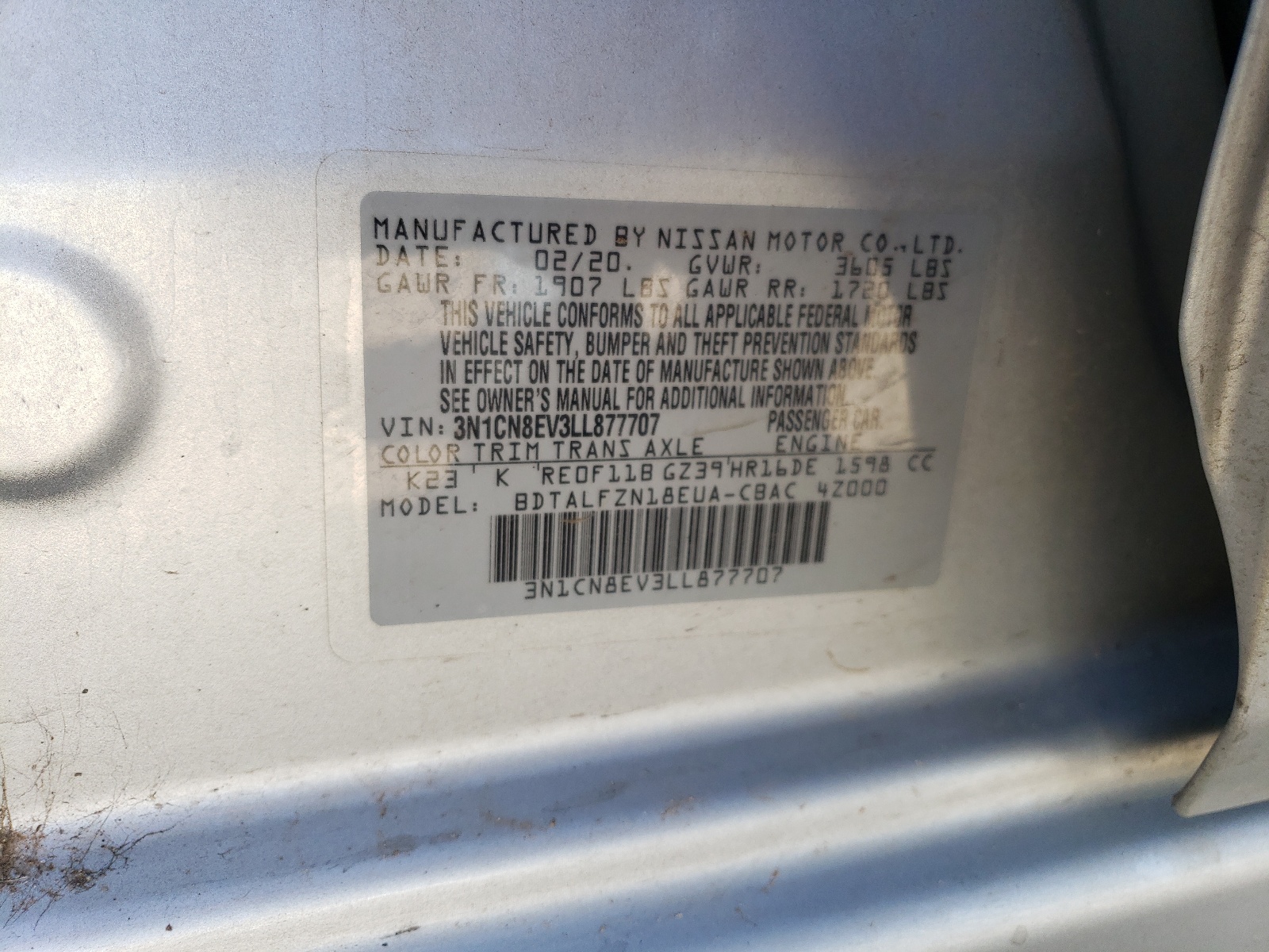 3N1CN8EV3LL877707 2020 Nissan Versa Sv