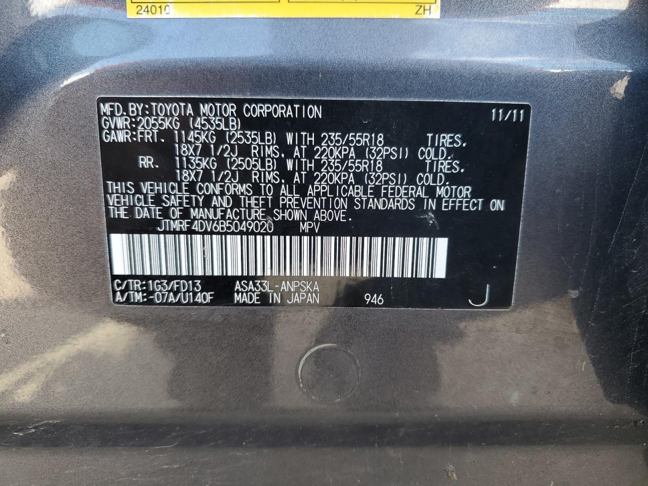 2011 Toyota Rav4 Sport VIN: JTMRF4DV6B5049020 Lot: 62525514