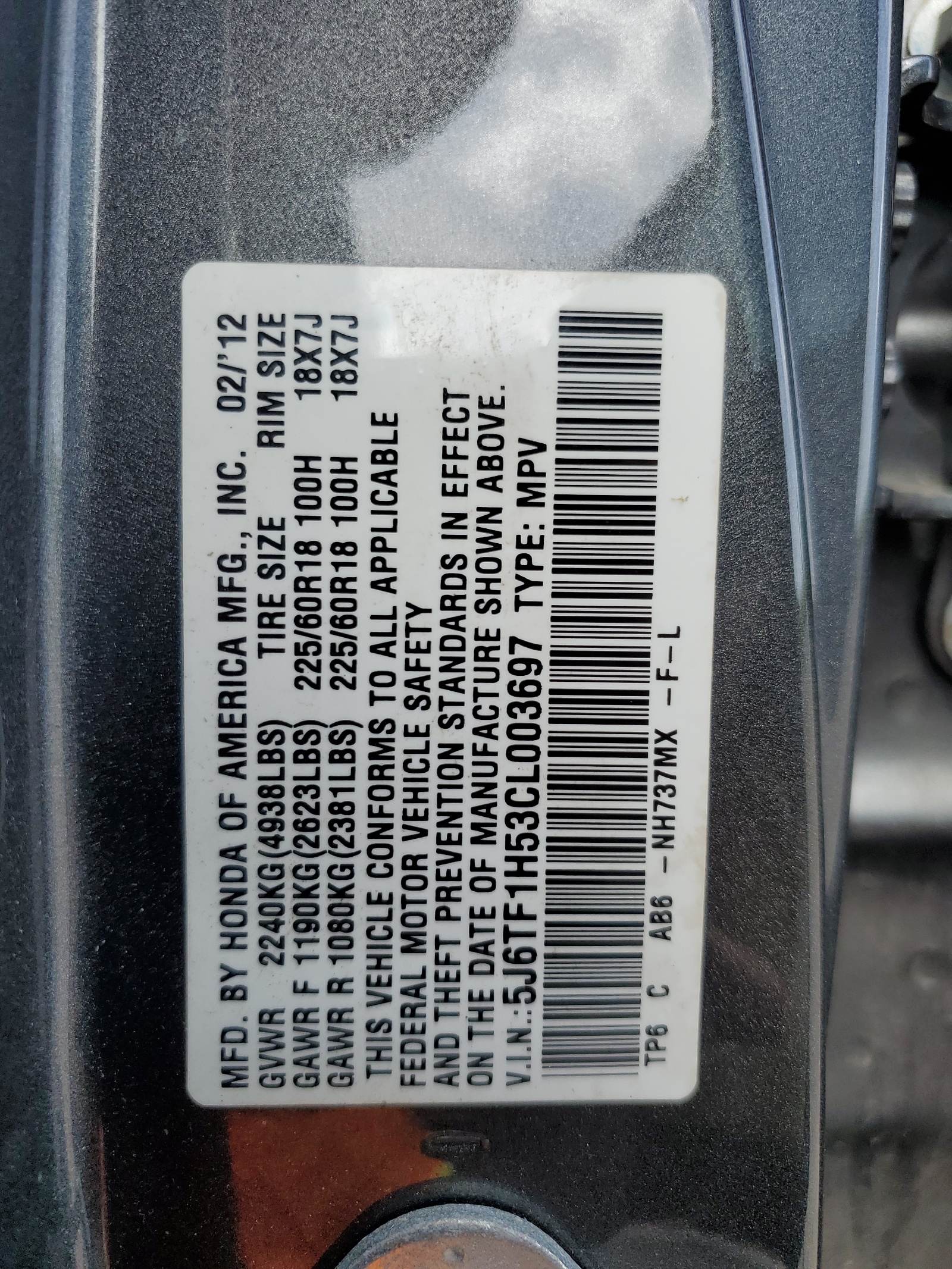 5J6TF1H53CL003697 2012 Honda Crosstour Exl