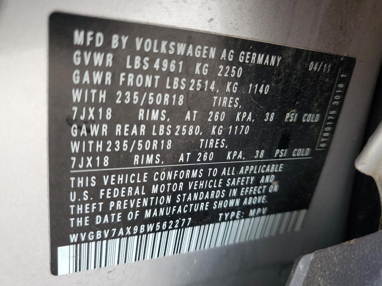 2011 Volkswagen Tiguan S VIN: WVGBV7AX9BW562277 Lot: 64381544