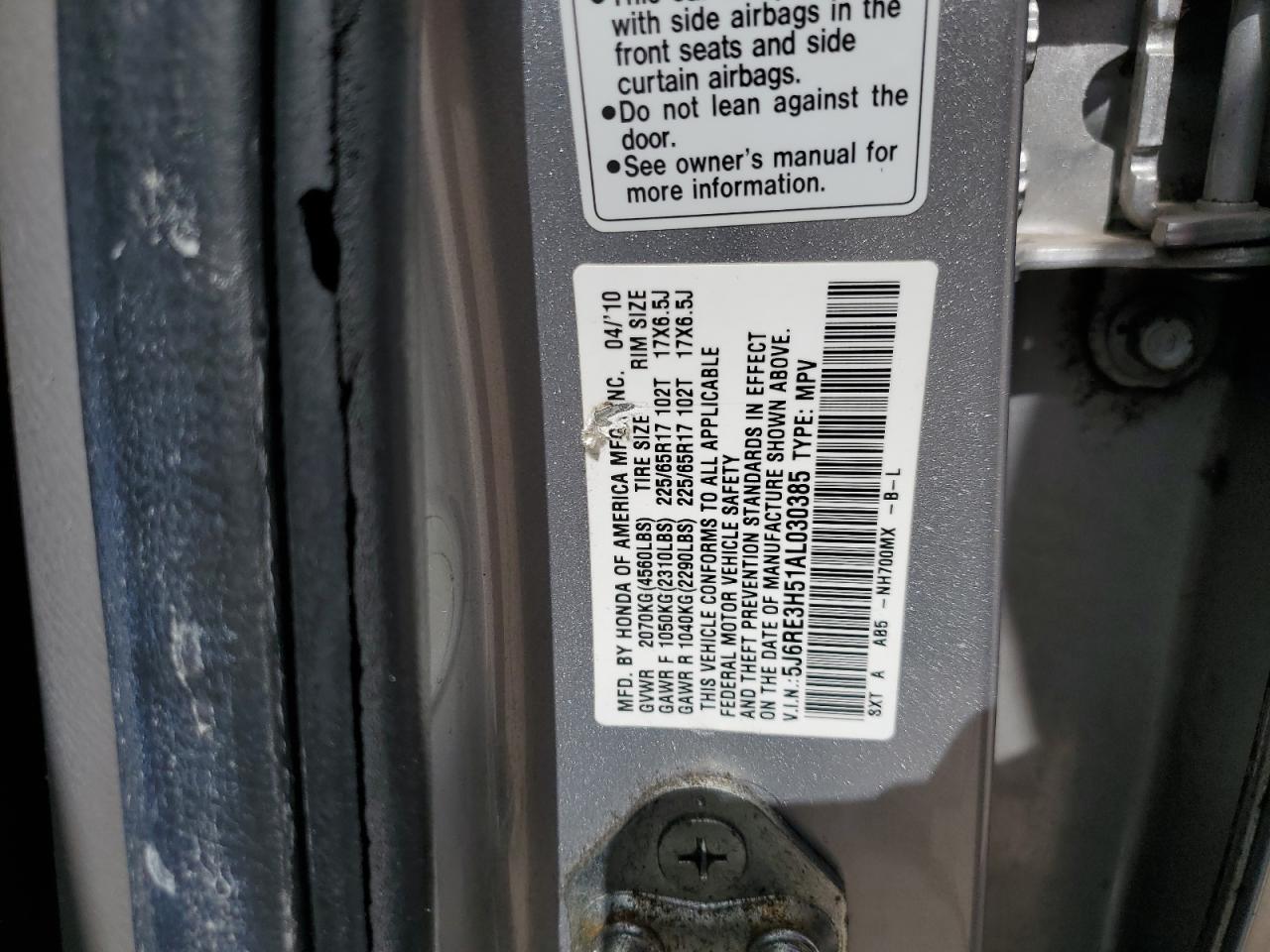 2010 Honda Cr-V Ex VIN: 5J6RE3H51AL030385 Lot: 65572574