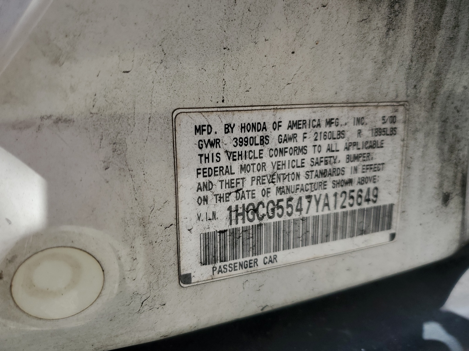 1HGCG5547YA125649 2000 Honda Accord Lx