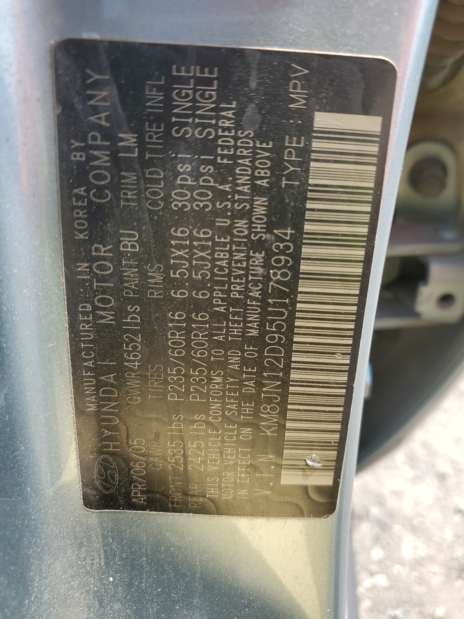 KM8JN12D95U178934 2005 Hyundai Tucson Gls