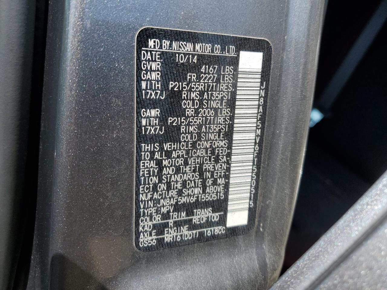 2015 Nissan Juke S VIN: JN8AF5MV6FT550515 Lot: 65090614