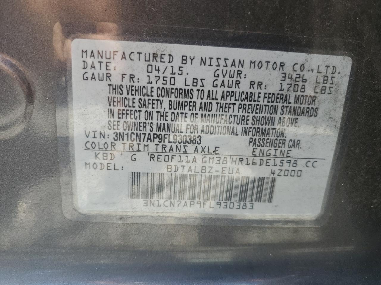 2015 Nissan Versa S VIN: 3N1CN7AP9FL930383 Lot: 63697884