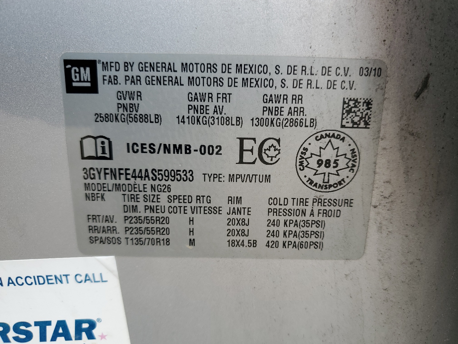 3GYFNFE44AS599533 2010 Cadillac Srx Premium Collection