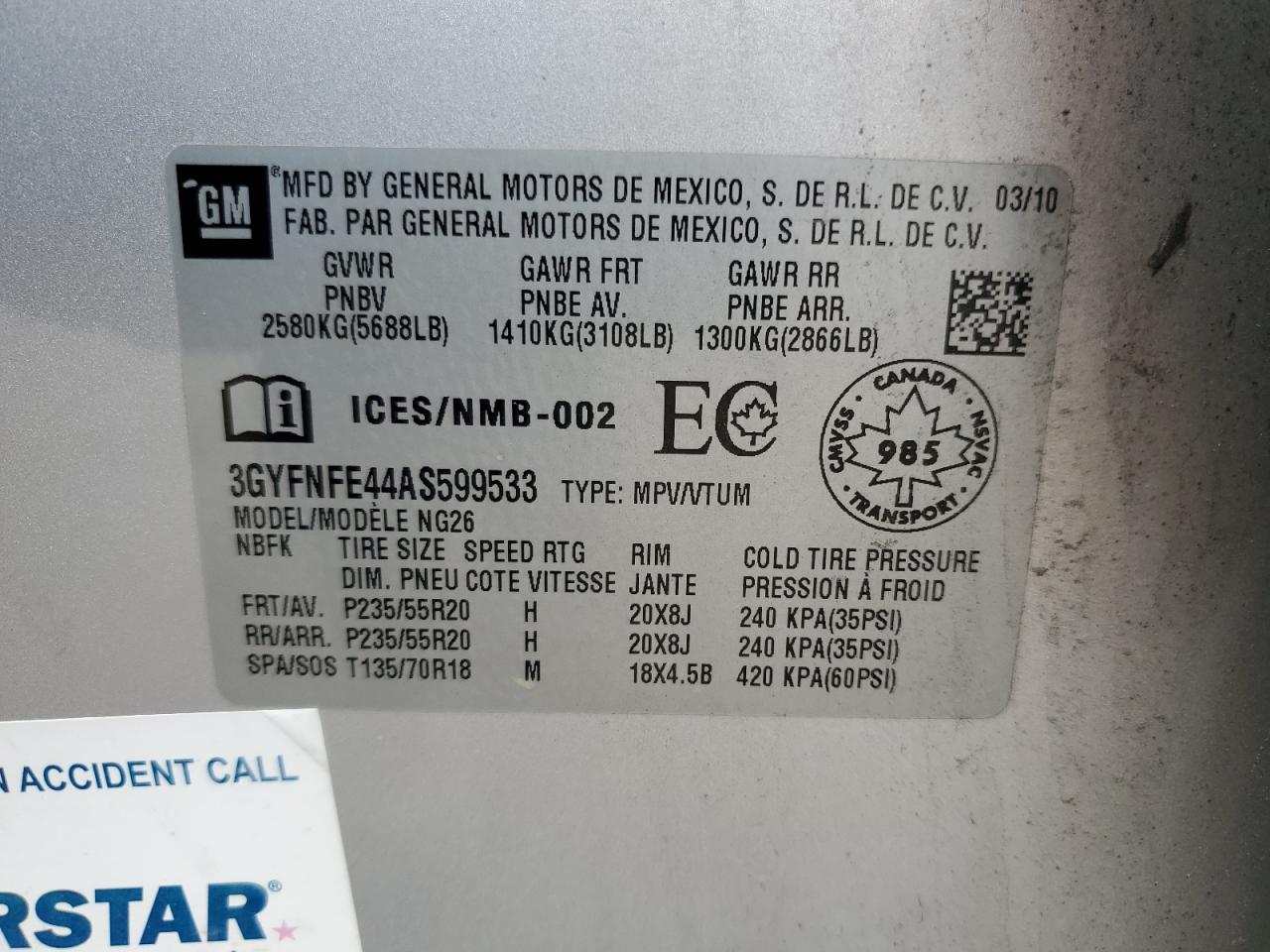 2010 Cadillac Srx Premium Collection VIN: 3GYFNFE44AS599533 Lot: 63995624