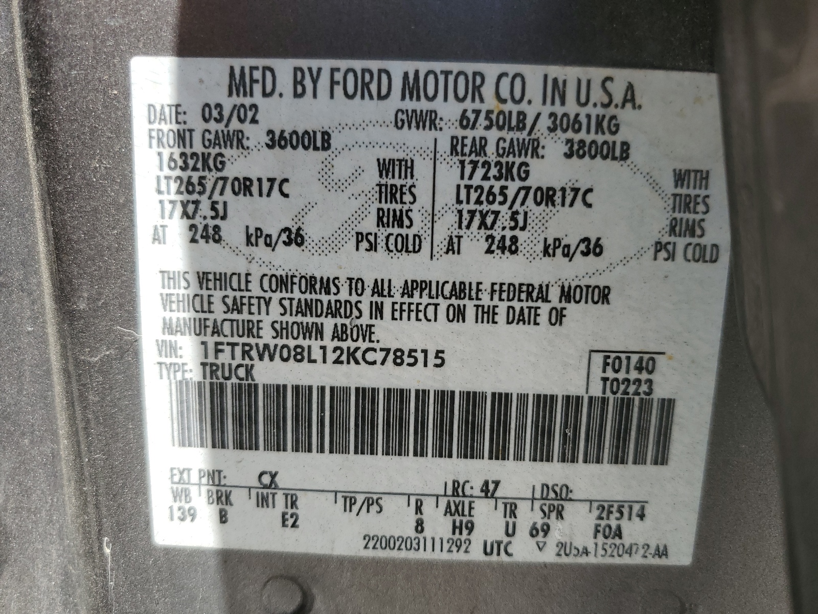 1FTRW08L12KC78515 2002 Ford F150 Supercrew