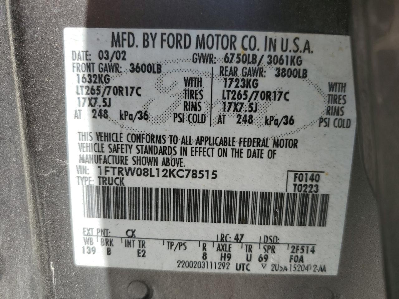 2002 Ford F150 Supercrew VIN: 1FTRW08L12KC78515 Lot: 63603664