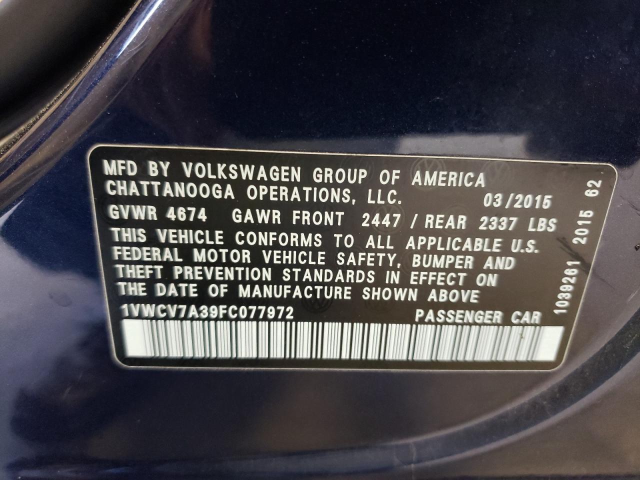 2015 Volkswagen Passat Sel VIN: 1VWCV7A39FC077972 Lot: 63265824