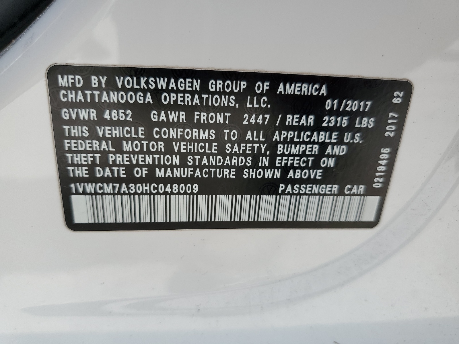 1VWCM7A30HC048009 2017 Volkswagen Passat Sel Premium