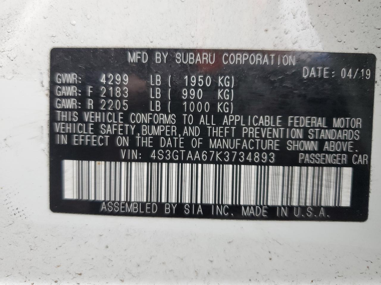 2019 Subaru Impreza VIN: 4S3GTAA67K3734893 Lot: 63523534