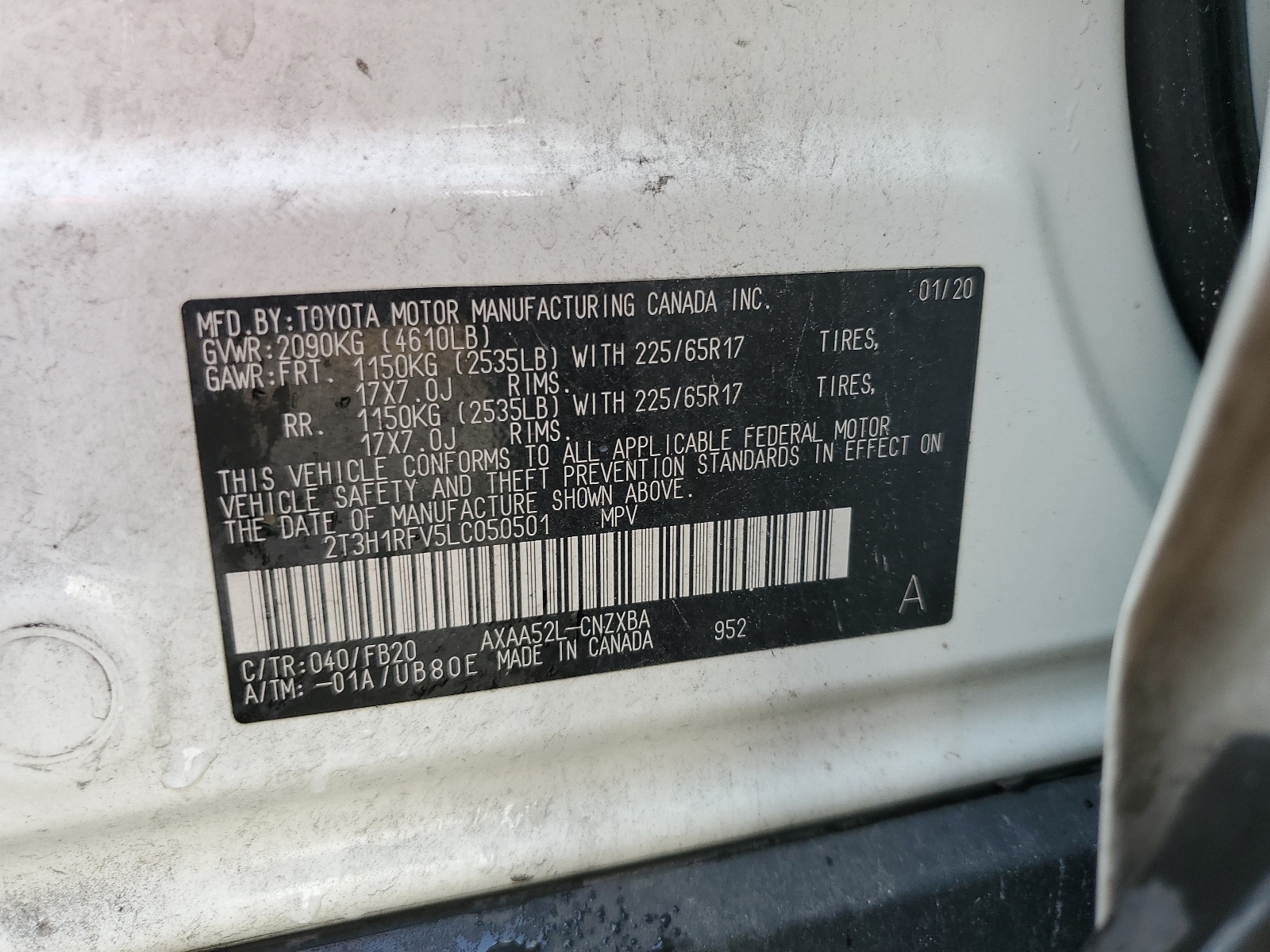 2T3H1RFV5LC050501 2020 Toyota Rav4 Le