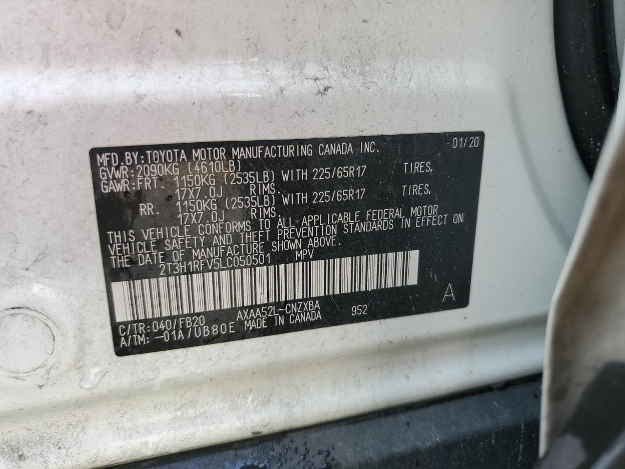 2020 Toyota Rav4 Le VIN: 2T3H1RFV5LC050501 Lot: 65466294