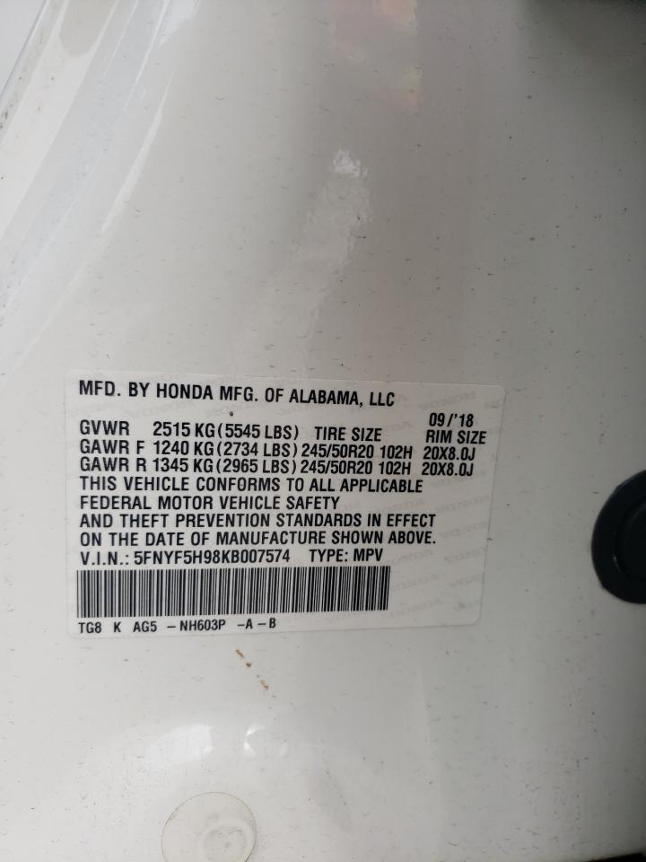 2019 Honda Pilot Touring VIN: 5FNYF5H98KB007574 Lot: 62238824