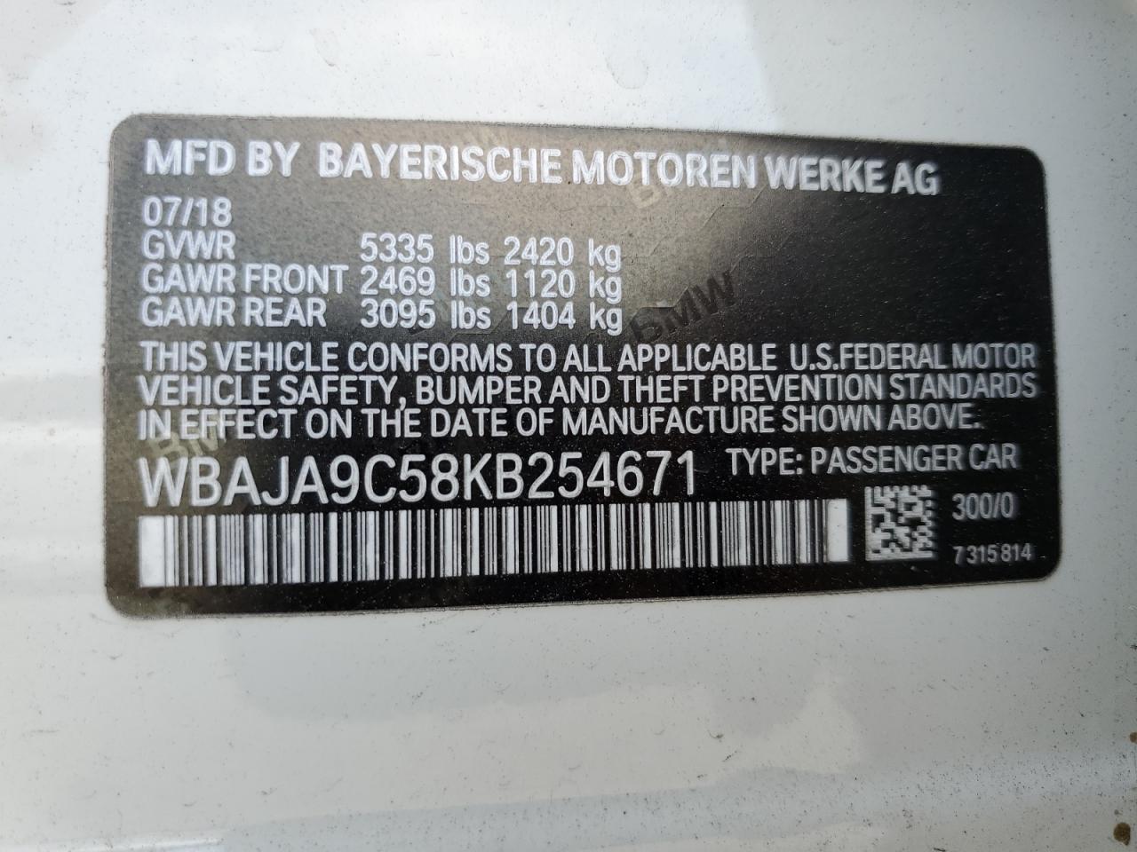 WBAJA9C58KB254671 2019 BMW 530E