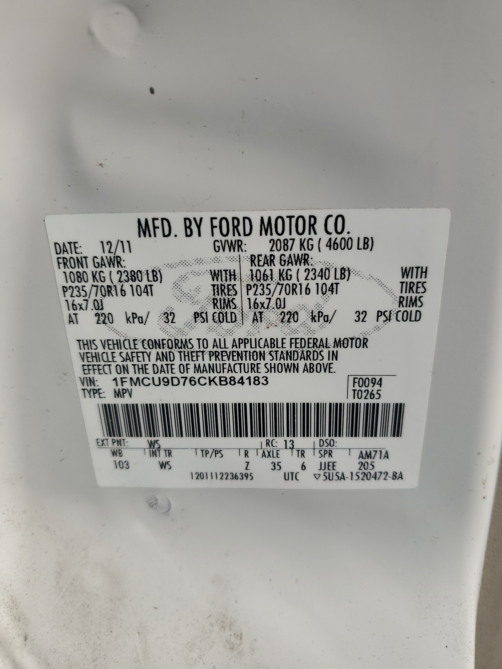 1FMCU9D76CKB84183 2012 Ford Escape Xlt