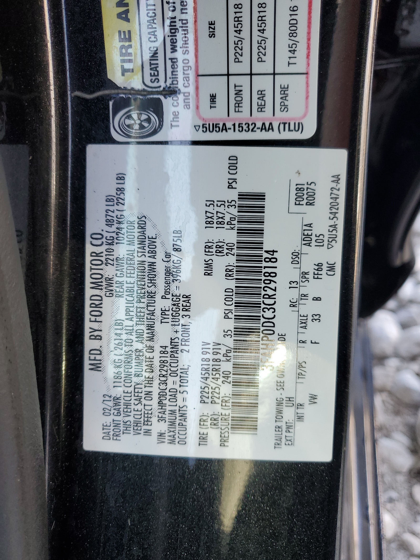 3FAHP0DC3CR298184 2012 Ford Fusion Sport