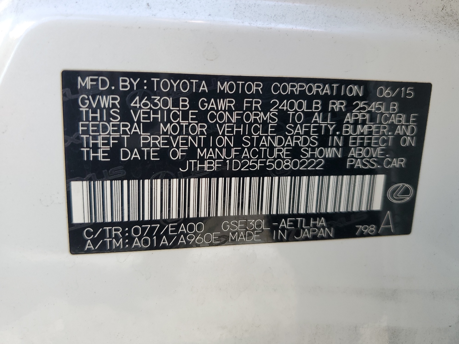 JTHBF1D25F5080222 2015 Lexus Is 250