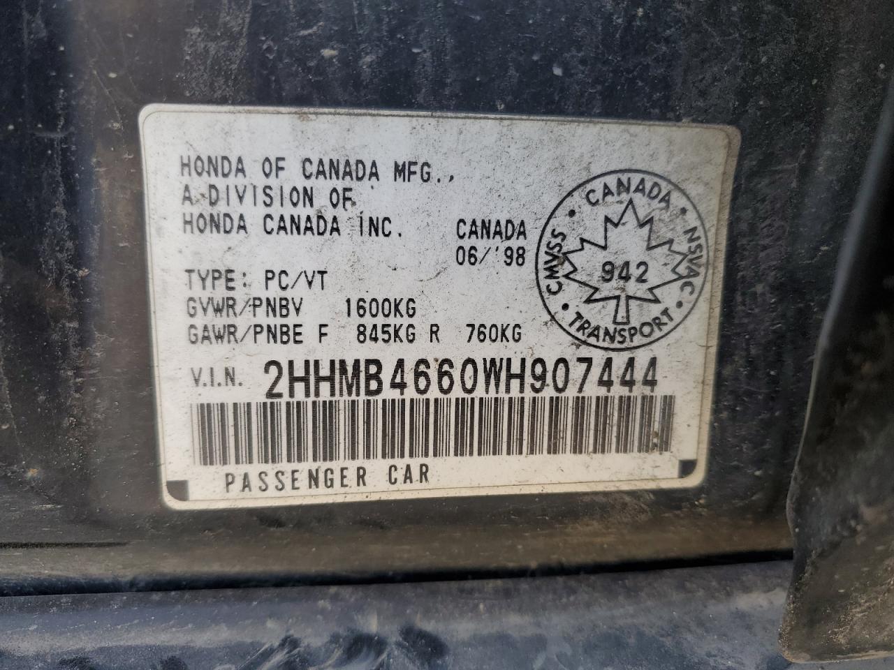 1998 Acura 1.6El Sport VIN: 2HHMB4660WH907444 Lot: 63656234