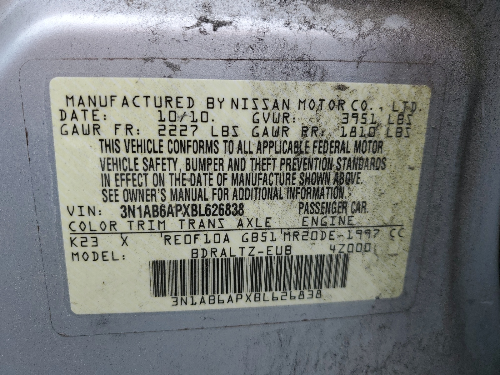 3N1AB6APXBL626838 2011 Nissan Sentra 2.0