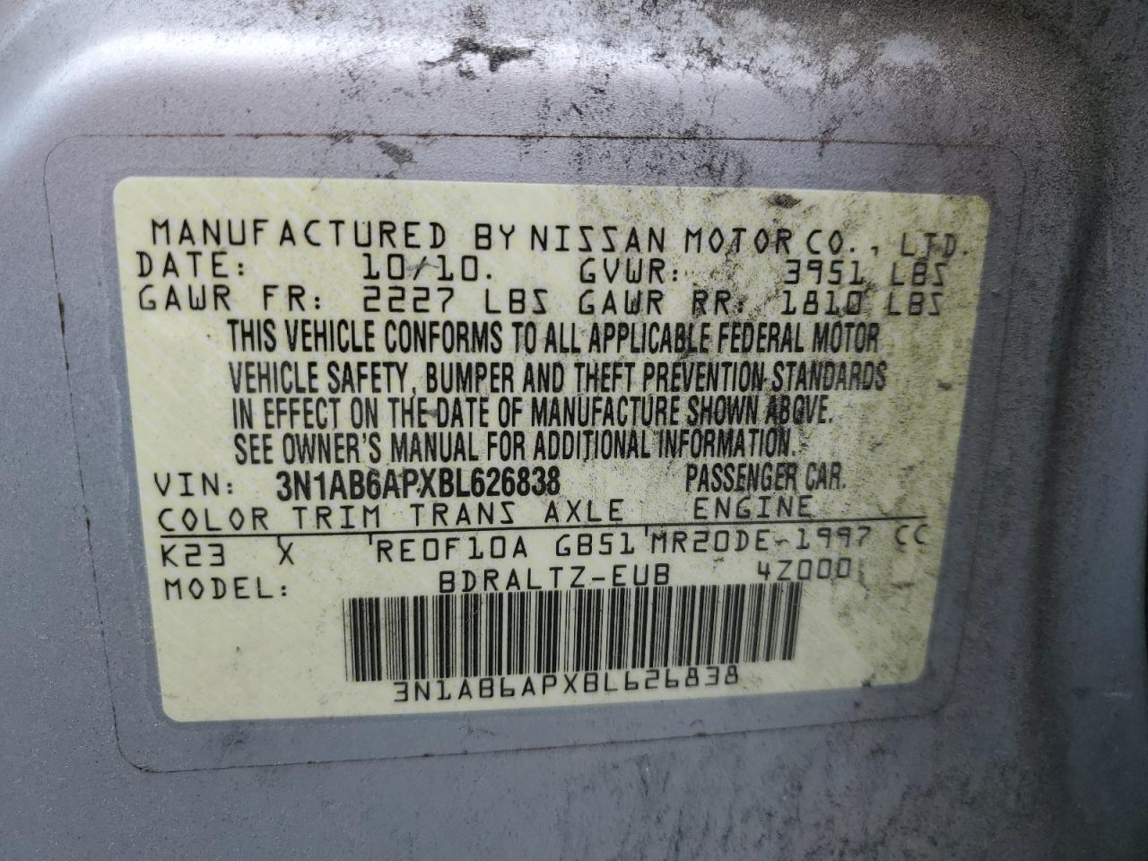 2011 Nissan Sentra 2.0 VIN: 3N1AB6APXBL626838 Lot: 63083664