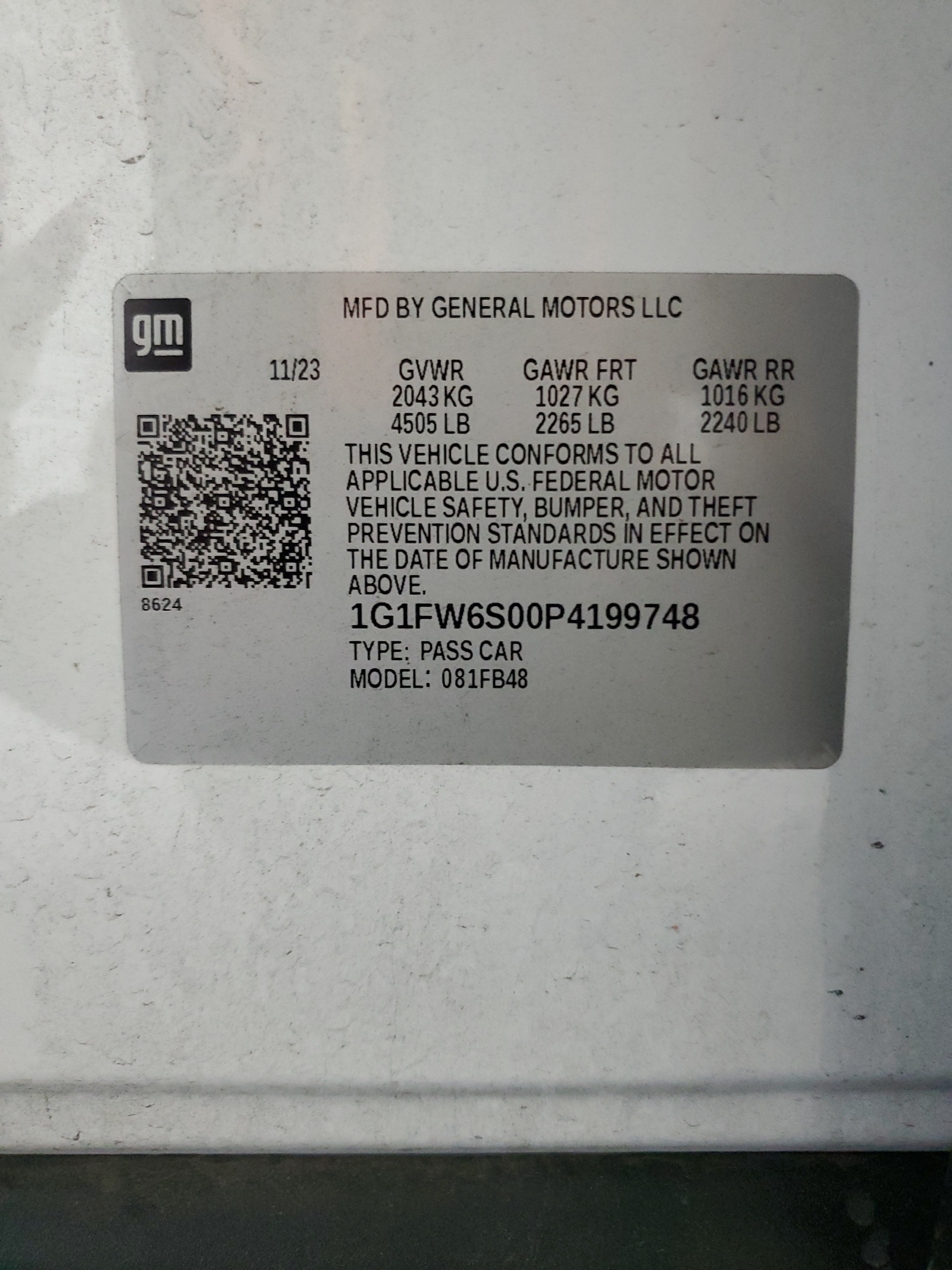 1G1FW6S00P4199748 2023 Chevrolet Bolt Ev 1Lt