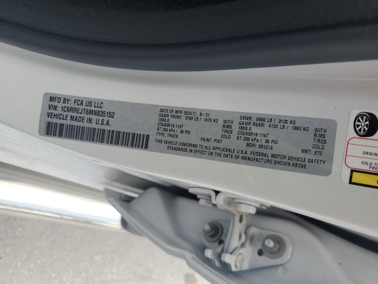 2021 Ram 1500 Laramie VIN: 1C6RREJT6MN835152 Lot: 64239344